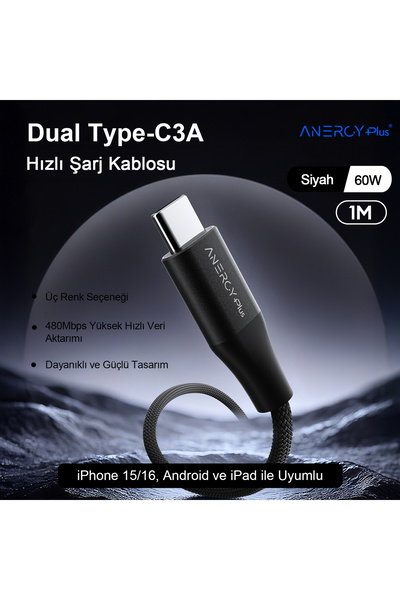 Airbot Airbot 60W 1 M Type-C’den Type-C’ye,Manyetik Bağlantılı Şarj Kablosu,Veri ve PD Kablosu,Siyah CTC60