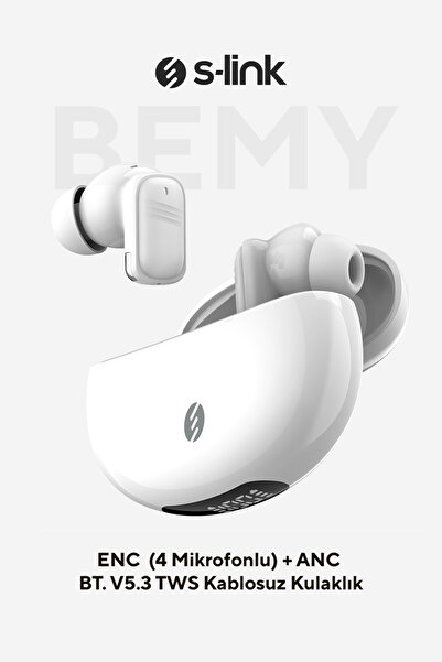 S-LINK Bemy Beyaz 4 Mikrofonlu ENC + ANC Bluetooth V5.3 TWS Gerçek Kablosuz Kulaklık