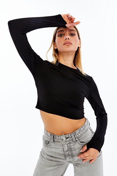 VERANOYA قميص بياقة مستديرة وأكمام طويلة قابلة للربط باللون الأسود