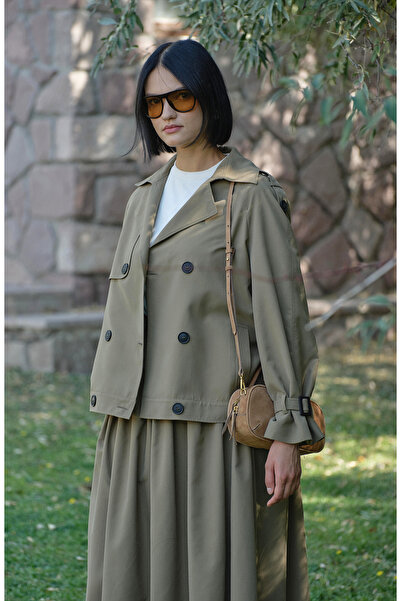Fatma Atasoy Kol Apoletli Haki Midi Trenç Ceket