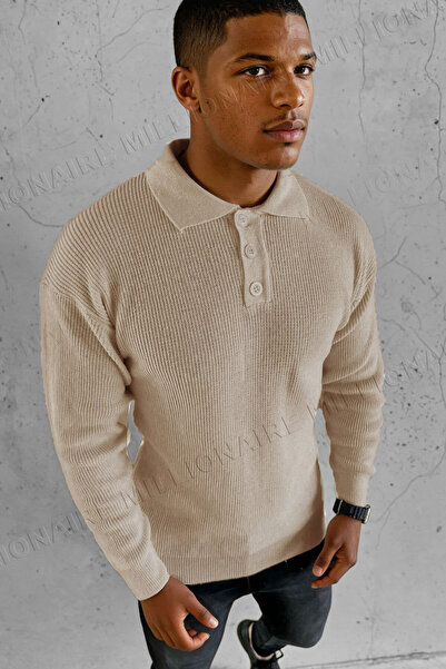 Millionaire Men's Stone Polo Collar Buttoned Collar Winter Knitwear Sweater