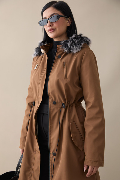 InStyle Zipper Detail Furry Coat - Brown
