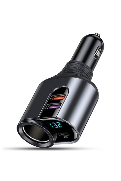 Timebox adaptor priză, multiplicator încărcător auto 4 în 1, 166W, 1 x priză auto, 2 x USB, 1 x USB-C, afișaj, B