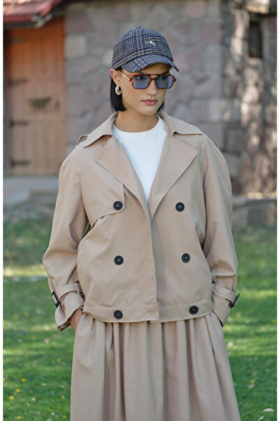 Fatma Atasoy Kol Apoletli Sütlü Kahve Midi Trenç Ceket