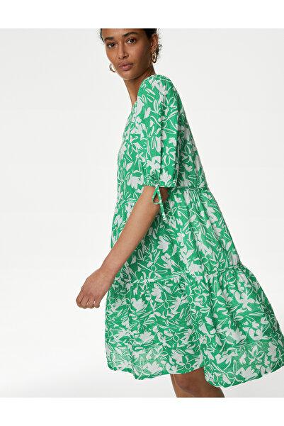 Marks & Spencer Saf Pamuklu Çiçek Desenli Mini Elbise