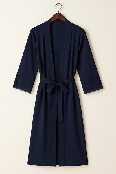 cherry queen Set de cămașă de noapte și halat de damă, albastru marin, jacquard, cu detalii din dantelă – Cutie specială