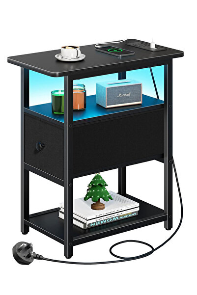 Yanara طاولة بجانب السرير RGB مع شاحن، ومساحة تخزين ثلاثية الطبقات ودرج قابل ...