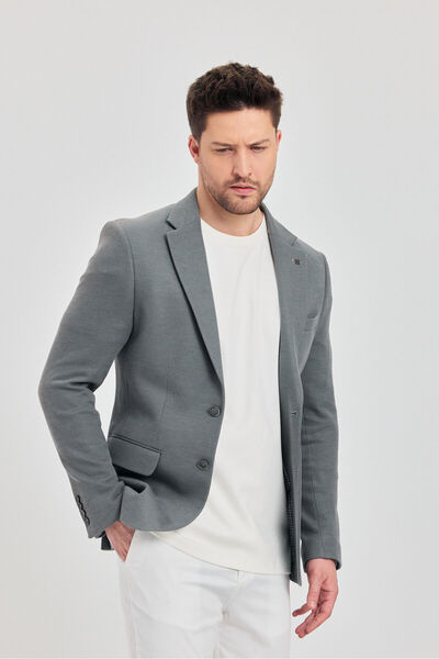 Frappoli Fedeli Erkek Gri Pamuk Karışımlı Esneyen Kumaşlı Slim Fit Spor Blazer Ceket