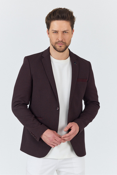 Frappoli İtolo Erkek Bordo Likralı Esnek Kumaşlı Slim Fit Spor Blazer Ceket