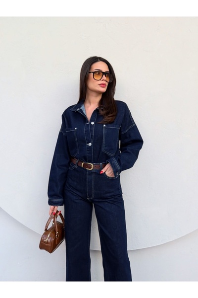 ESRAHELVACI Önü Düğmeli Cepli Oversize Kot Takım