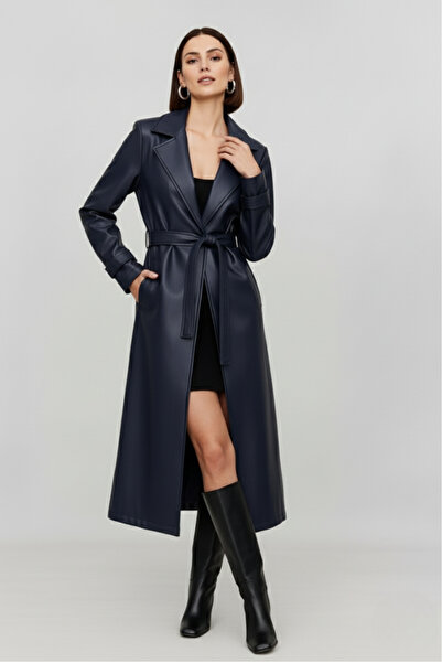 ZEYNEP RANA Women's Belted Lined Pocketed Long Leather Trench Coat