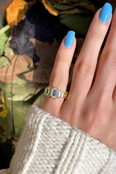 Spossy Silver Jewelry 925 Ayar Gümüş, 14 Ayar Gold, Renkli Baget Taşlı Eklem/...