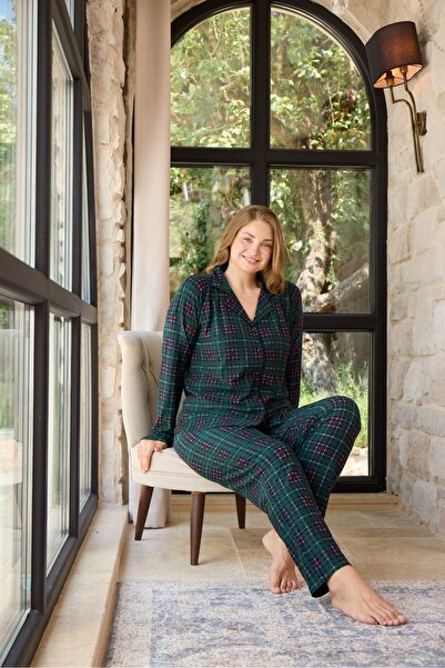 Temporium Γυναικείο Σετ Πιτζάμες με μακρυμάνικο καστόρι με πράσινο καρό κουμπιά
