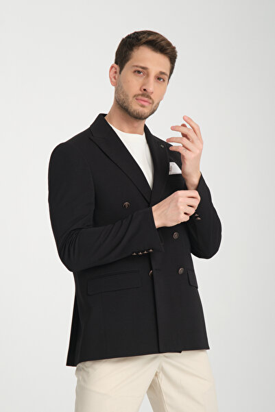 Frappoli Baselna Krv Erkek Siyah Kruvaze 6 Adet Metal Düğmeli 4 Mevsim Blazer Ceket