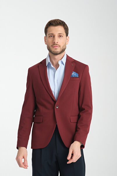 Frappoli Baselnaa Erkek Koyu Bordo Battal Büyük Beden Dar Kesim Astarlı Düğmeli Basic Blazer Ceket