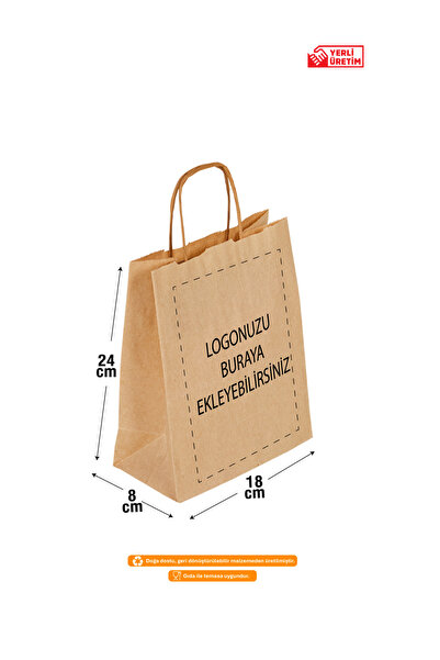 Recopack Baskılı Karton Kraft Çanta 18x8x24 cm (100 Adet) Kahverengi