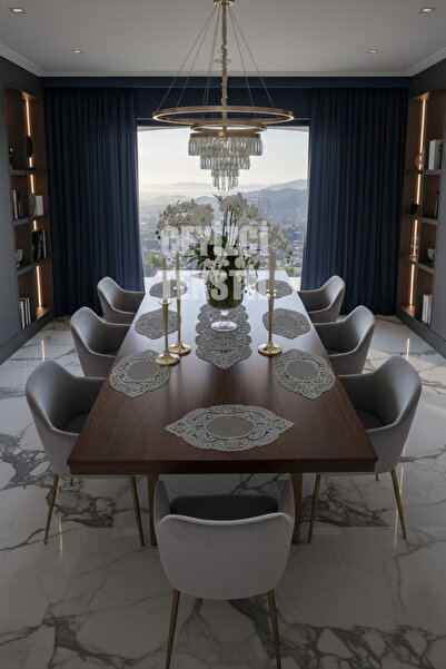 Çt Çeyizci Tekstil 1 Runner Gray Dining Service Set - 6 Plates, American Service, Tablecloth Set