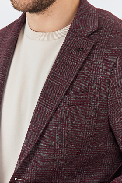 Frappoli Ribas Erkek Bordo Esnek Pamuk Karışımlı Ekose Desenli Spor Blazer Ceket
