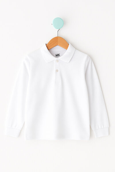 %100 Pamuk Polo Yaka Uzun Kollu Beyaz Okul Tişört – Okul İçin Uygun Unisex Model Tshirt
