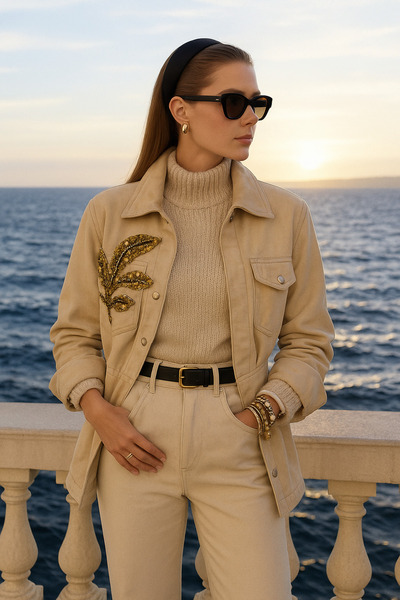 GZ Design Gold Yaprak Işlemeli Krem Renk Jean Ceket