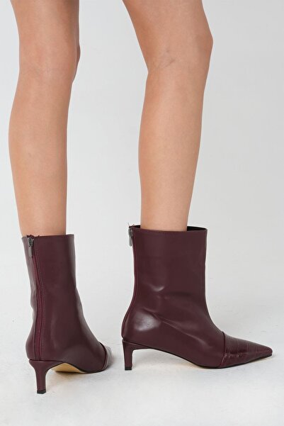 Mio Gusto Bordo Renk Croco Detaylı Kadın İnce Topuklu Bot