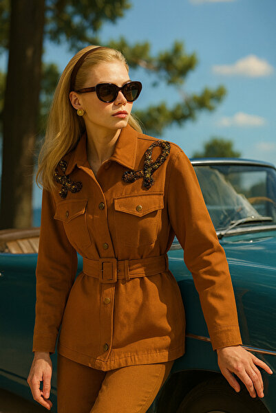 GZ Design Omuzları 3 Renk Işlemeli Kiremit Jean Ceket