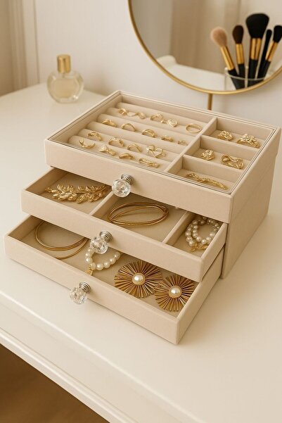 Bayev Перлена кутия за бижута с 3 чекмеджета, разделена на отделения, прозрачна, за съхранение на пръстени и колиета, елегантна