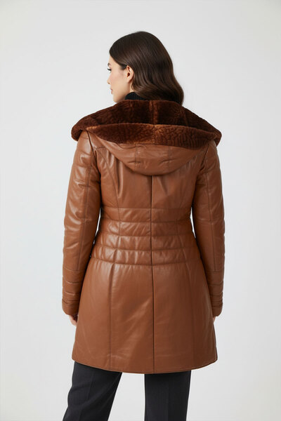 Deriderim Tan Madelyn Fur Detailed Fixed Hooded Belted Zippered Lined Women's Genuine Leather Coat