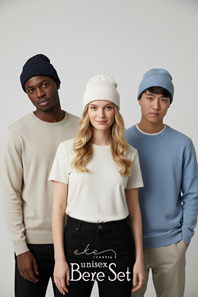 Eke Tekstil Unisex Katlamalı Bere Bebe Mavi,Beyaz ve Lacivert 3'lü Bere Seti