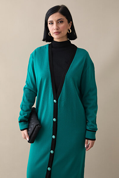 InStyle Stripe Detail Long Emerald Green Knitwear Cardigan
