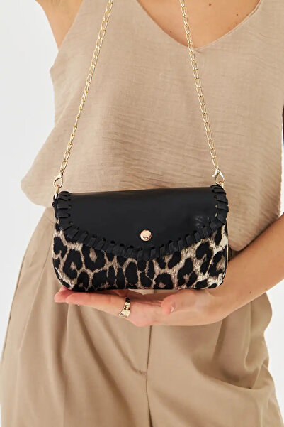 Melos Butik Kadın Leopar Desenli Zincir Askılı Mini Çapraz Çanta
