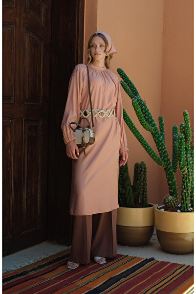 Fatma Atasoy Büzgülü Bağlamalı Maksi Soft Pembe Tunik