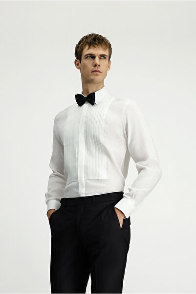 Kiğılı Uzun Kol Klasik Piliseli Keten Gömlek