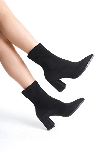 MARSEDO Kadın Kalın Topuklu Sivri Burun Streç Günlük Bot Alina Siyah Süet