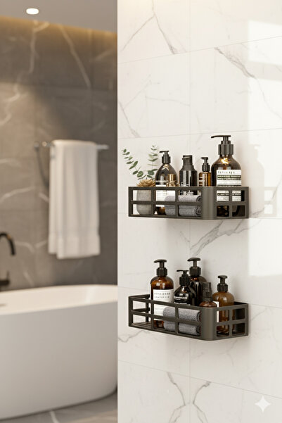 DEYHOME 2Lİ Set Banyo Duş Rafı Şampuanlık Sabunluk Siyah YAPIŞKANLI Duş Organizer Suya Dayanıklı Plastik