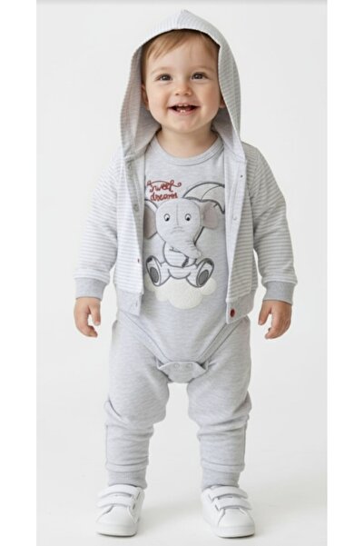 Babyim Babyblue Elephant Plush Cardigan 3 Piece Set 100% Cotton Snap Body