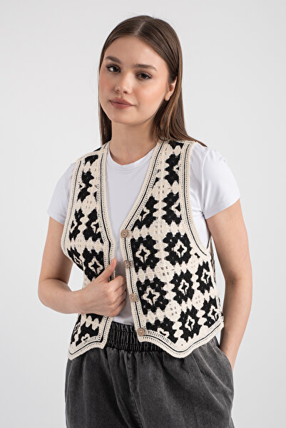 Hatun Atila Beige Color Hatunatila Patterned Süzine Knitwear Vest