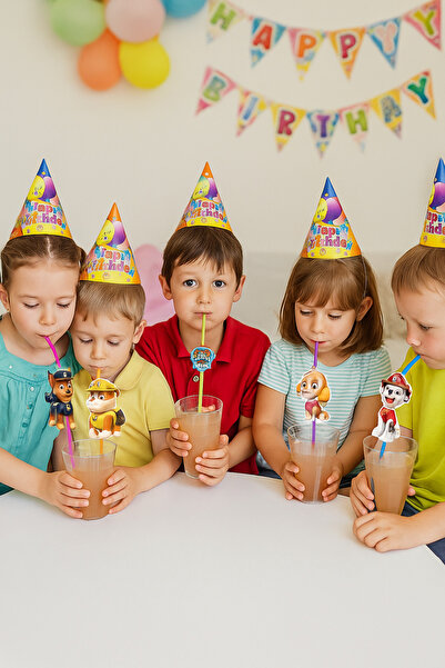 DODOMAR Pipet lisanlı Paw Patrol Temalı 10 lu Artistik Körüklü Pipet Doğum Gü...