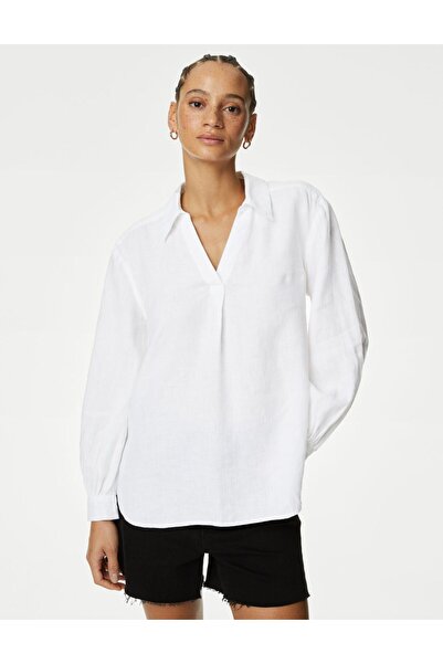 Marks & Spencer Uzun Kollu Keten Popover Bluz