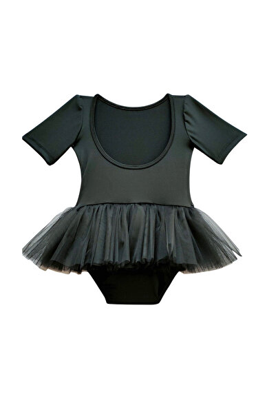 LULLY KİDS Kız Çocuk Siyah Kısa Kol Tütü Etekli Bale ve Cimnastik Mayosu