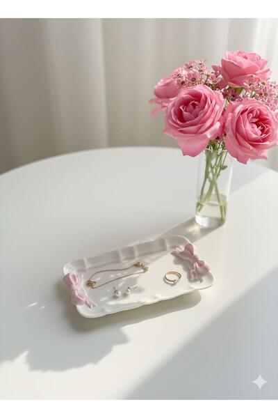 MUMELLA Dekoratif Fiyonklu Pembe Kurdele Tepsi , Tabak , Takı Tepsisi El Yapı...