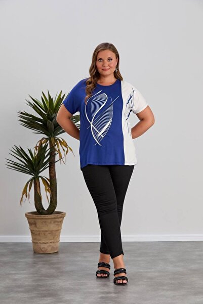 Orly More Βισκόζη ύφασμα Plus Size Κοντό μανίκι Πέτρα Λεπτομερής Μητέρα Βαμβακερή Μπλούζα