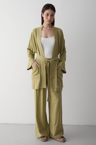 Laluvia Khaki 100% Cotton Belted Kimono Set with Pocket Detail - 8491
