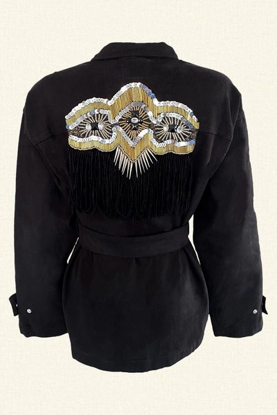 GZ Design Women's Back Jewelled Tasseled Black Jean Jacket STP