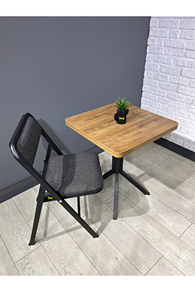 hey modüler mobilya Zeren Kare Ceviz Mutfak Yemek Masası Balkon Masası Siyah Ayak 60 cm