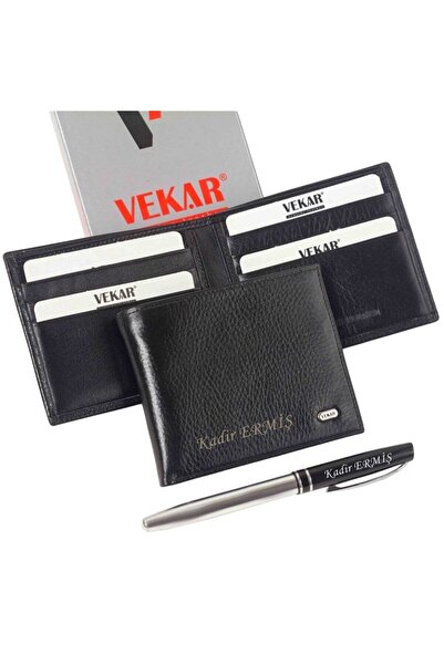 Vekar Deri Kişiye Özel Vekar Deri Erkek Cüzdanı İnce Tasarımlı Siyah V002