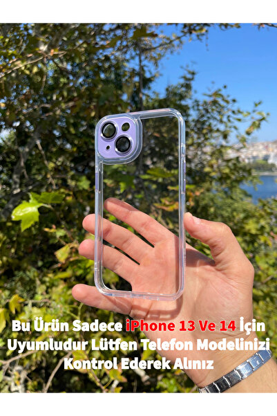 GtTech Iphone 13 Ve 14 Uyumlu Şeffaf Kılıf Metal Tuşlu Lila Çerçeveli Sert Kapak