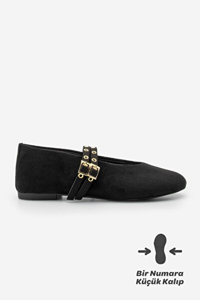 Marjin Kadın Çift Bantlı Zımbalı Günlük Babet Bekosa Siyah Süet