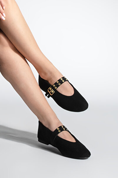 Marjin Kadın Çift Bantlı Zımbalı Günlük Babet Bekosa Siyah Süet