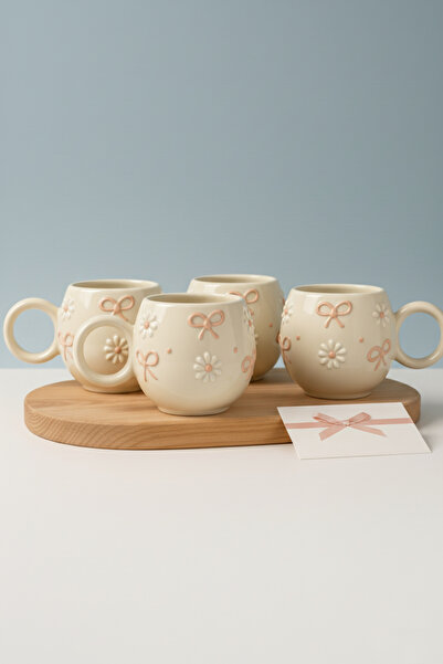 Home Pembe Kurdele & Papatya Kabartmalı 4’lü El Yapımı Ece Kupa Takımı– Kahve & Çay Fincanı Mug